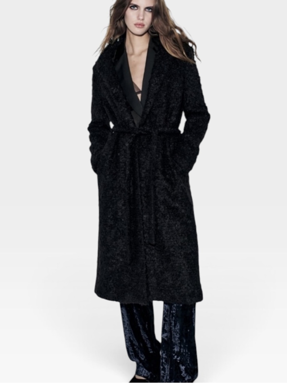 Zara Manteco Wool Boucle Belted Long Trench Coat